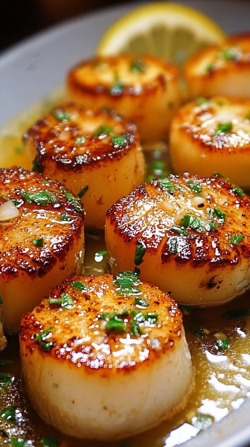 Plate of garlic butter scallops garnished with herbs and served elegantly