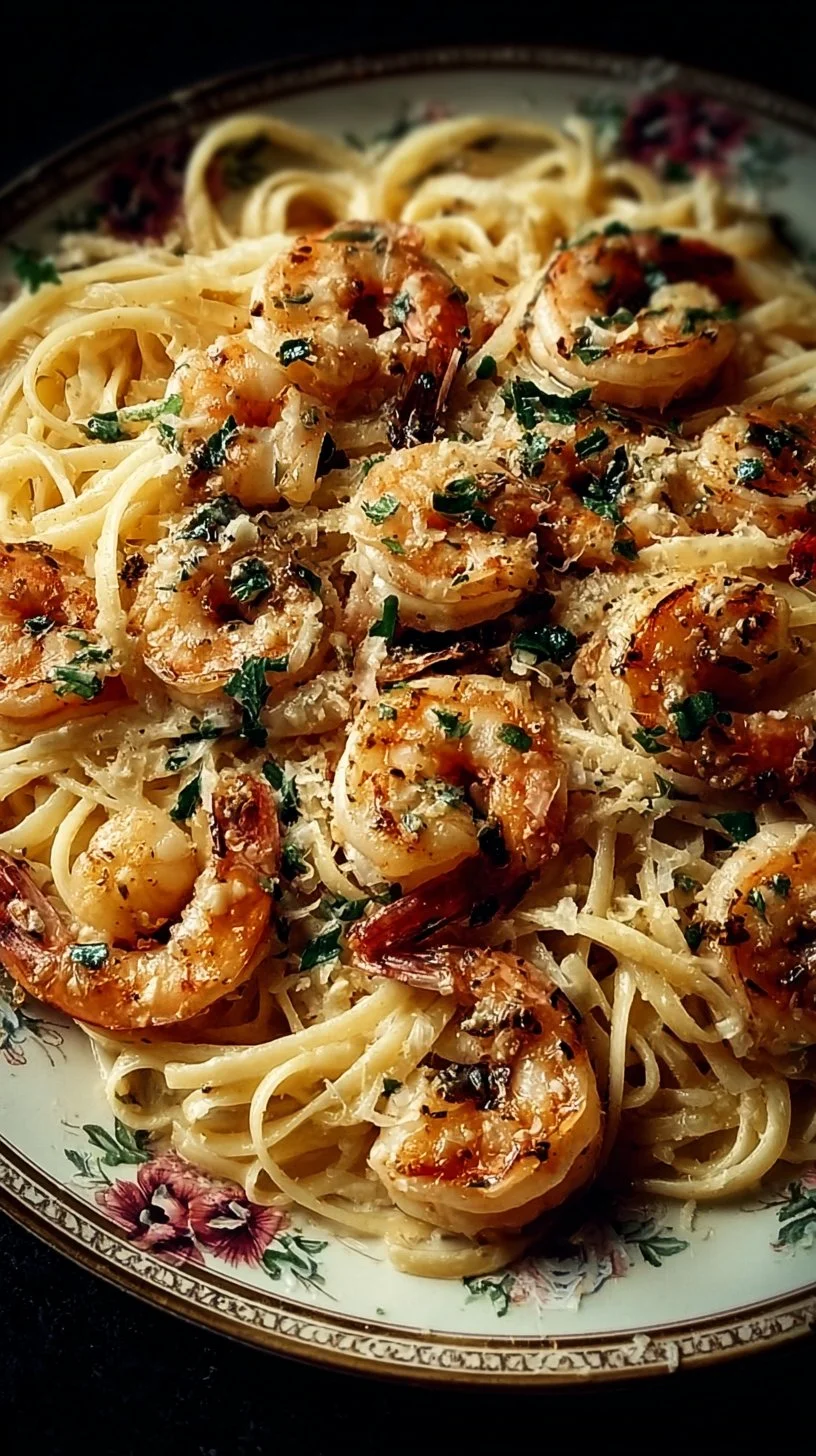 Delicious plate of Garlic Butter Shrimp Pasta garnished with parsley