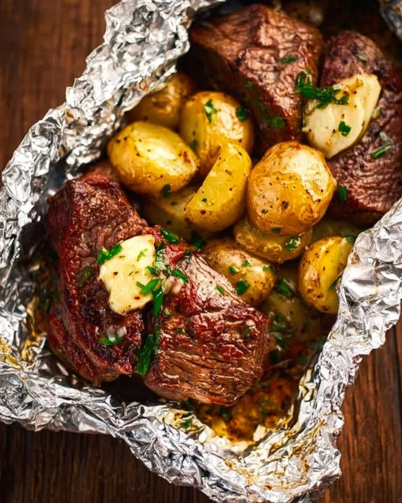 Garlic Butter Steak and Potato Foil Packets ready to serve