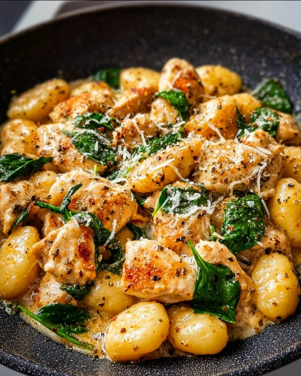 Delicious Garlic Chicken Gnocchi Skillet served in a cast iron pan