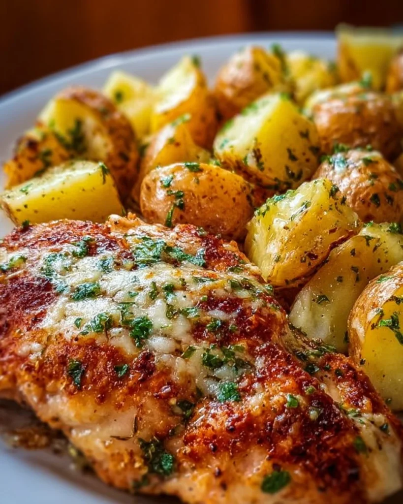 Garlic Parmesan Chicken served with golden roasted potatoes