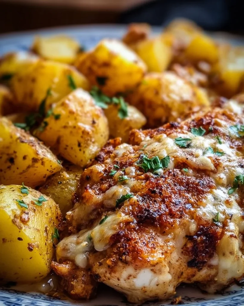 Oven-baked Garlic Parmesan Chicken served with roasted potatoes