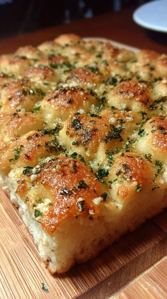 Freshly baked Garlic Parmesan Focaccia with herbs and cheese topping