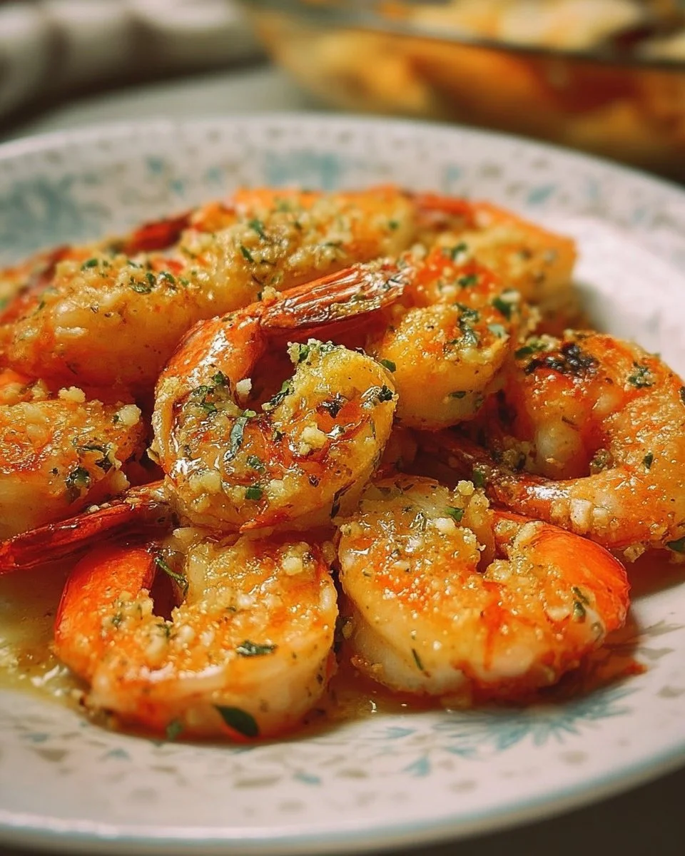 Plate of Garlic Parmesan Roasted Shrimp garnished with parsley