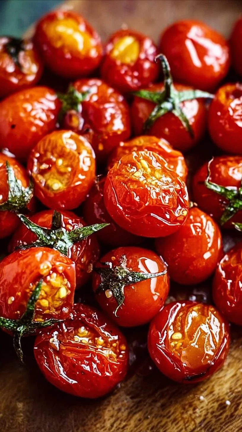Garlic roasted cherry tomatoes on a baking tray, with herbs and spices.