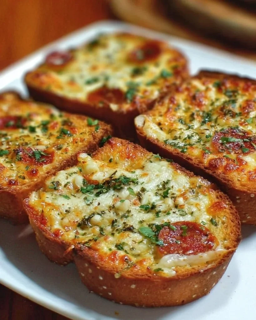 Delicious homemade garlic toast pizzas topped with cheese and herbs