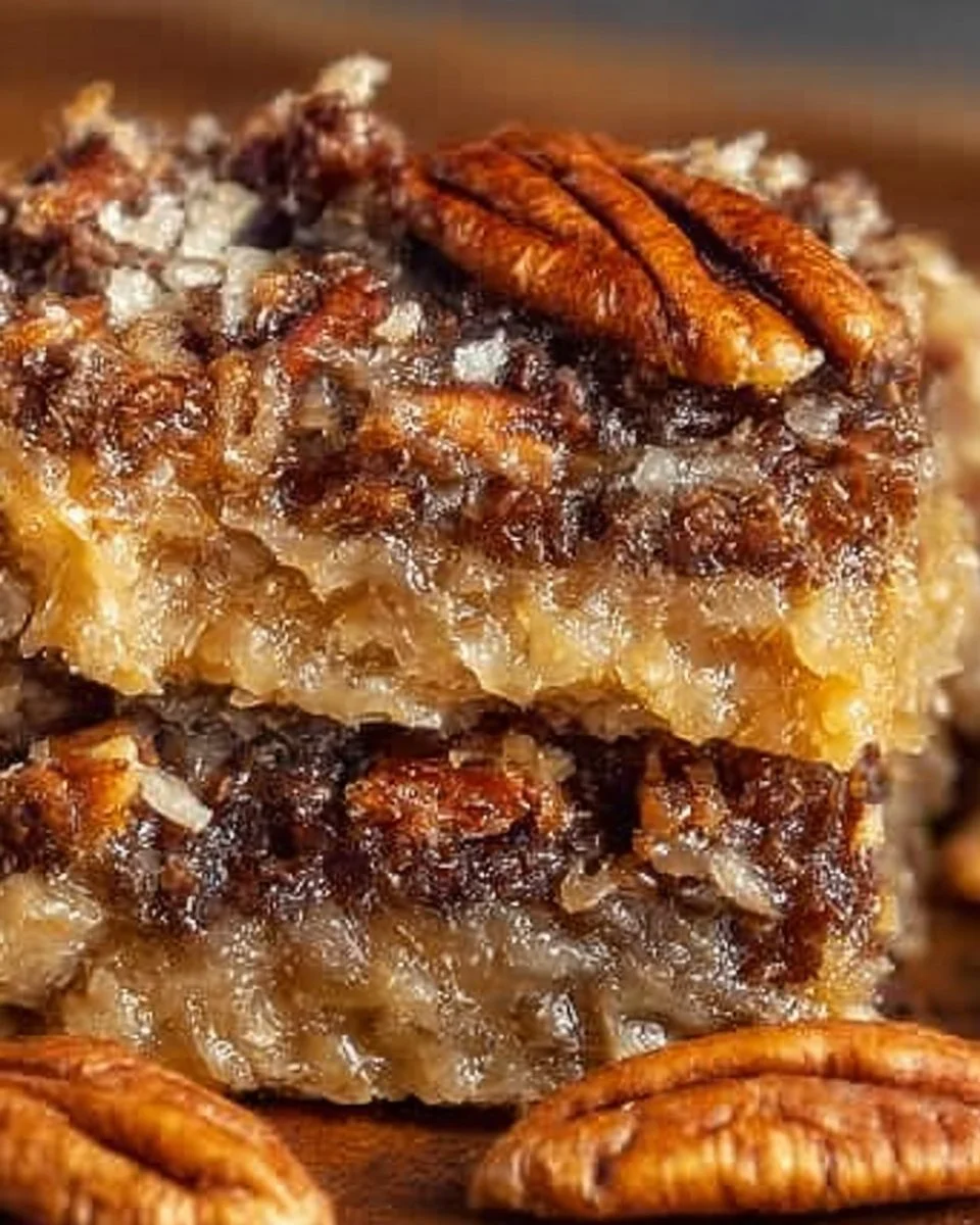 Decadent German Chocolate Pecan Pie Bars topped with chocolate and pecans