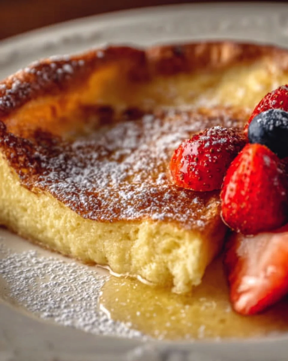 Fluffy German pancakes topped with fresh fruit and powdered sugar.