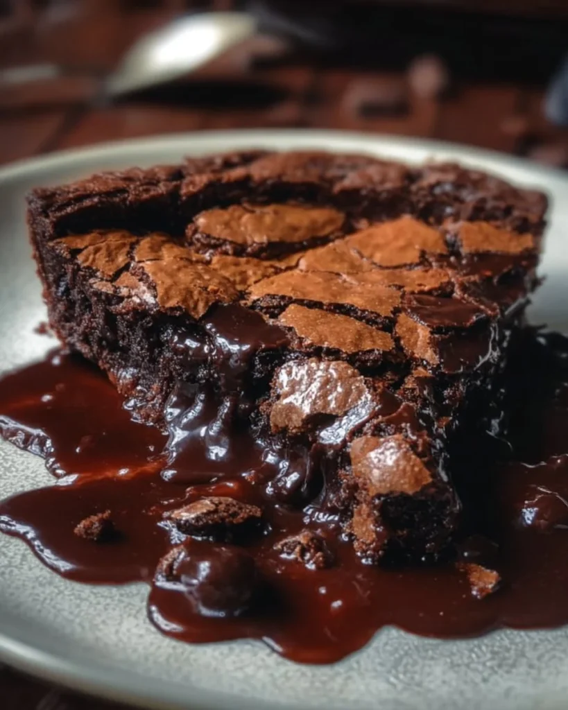 Decadent gooey brownie pie topped with chocolate and served on a plate