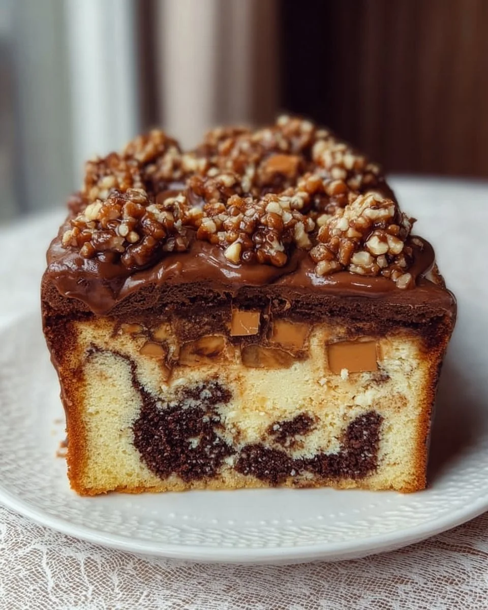 Gorgeous marbled cake topped with praline crunch, a delightful dessert for all occasions.