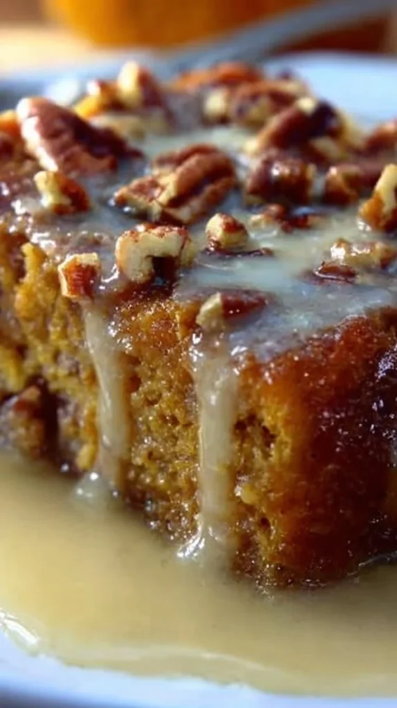 Homemade bread pudding topped with vanilla sauce in a rustic kitchen setting.