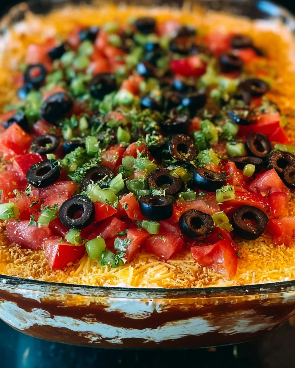 Bowls of Greek 7 Layer Dip with fresh ingredients and tasty layers
