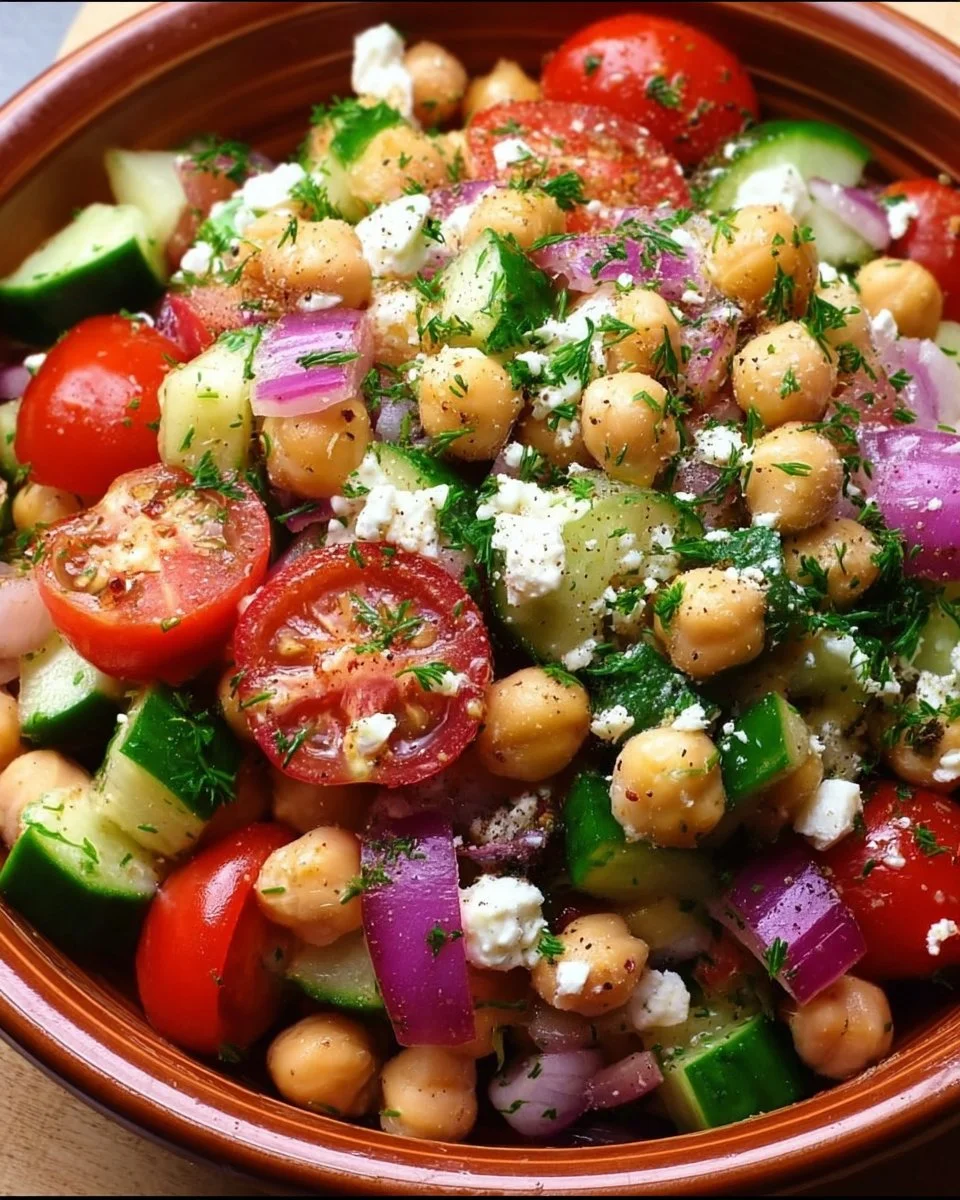 Delicious Greek Chickpea Salad full of fresh vegetables and herbs