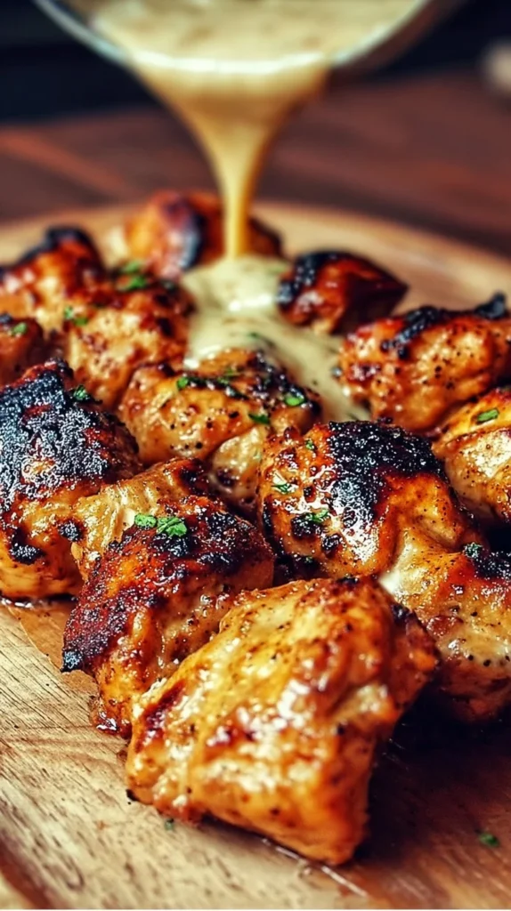 Delicious grilled chicken bites served with creamy garlic sauce