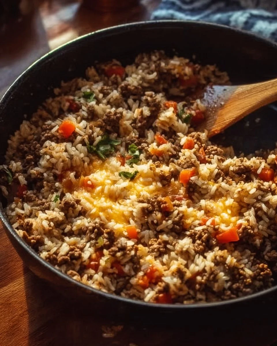 Ground beef and rice skillet meal topped with herbs in a skillet dish