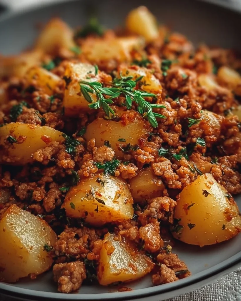 Plate of ground turkey with sautéed potatoes and herbs