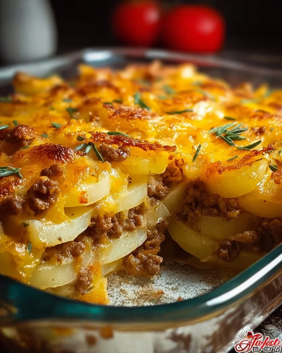 Delicious Hamburger Potato Casserole served in a baking dish
