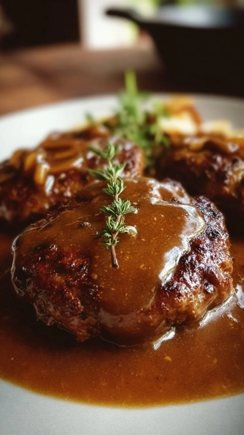 Delicious hamburger steak served with savory gravy.