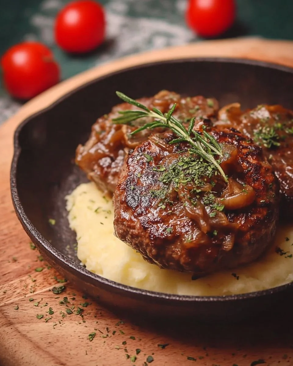Delicious homemade Hamburger Steaks served with sides on a dinner plate