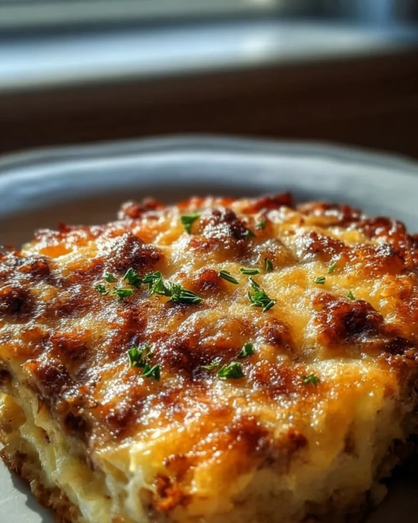 Delicious Hash Brown Breakfast Casserole topped with cheese and herbs