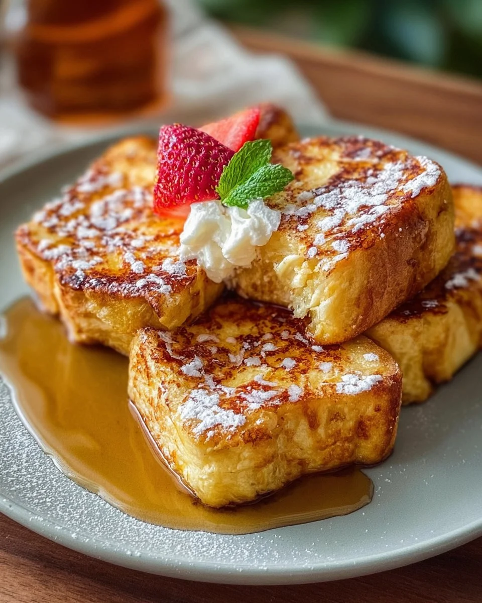 Delicious Hawaiian Roll French Toast served with syrup and fruit