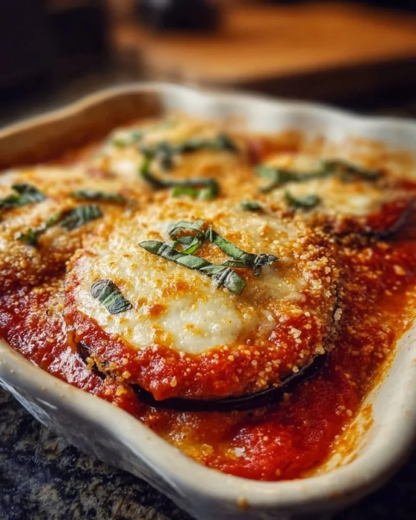 Healthy Eggplant Parmesan Bake dish served in a ceramic dish with fresh herbs.
