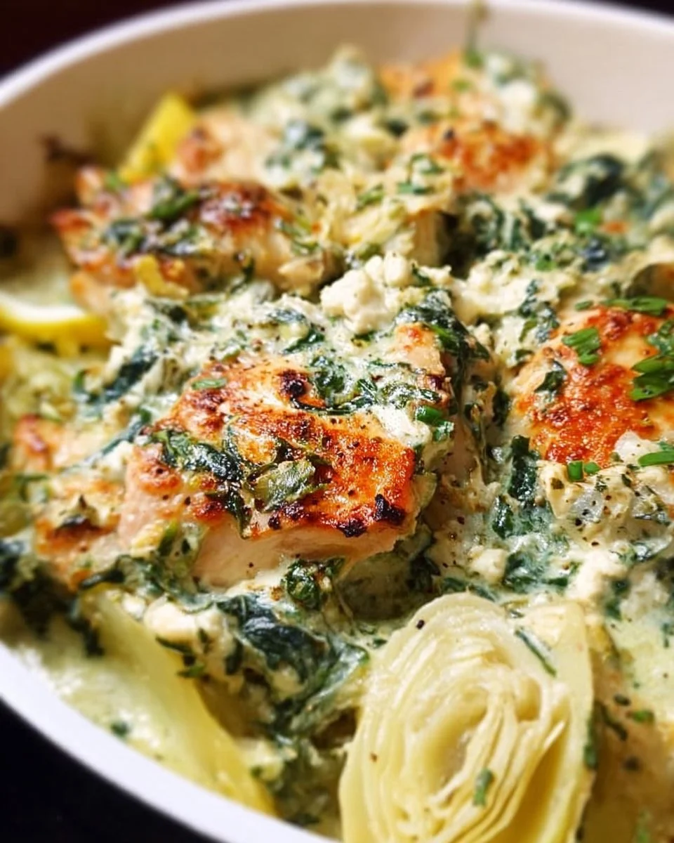 Healthy spinach artichoke chicken dish with cottage cheese