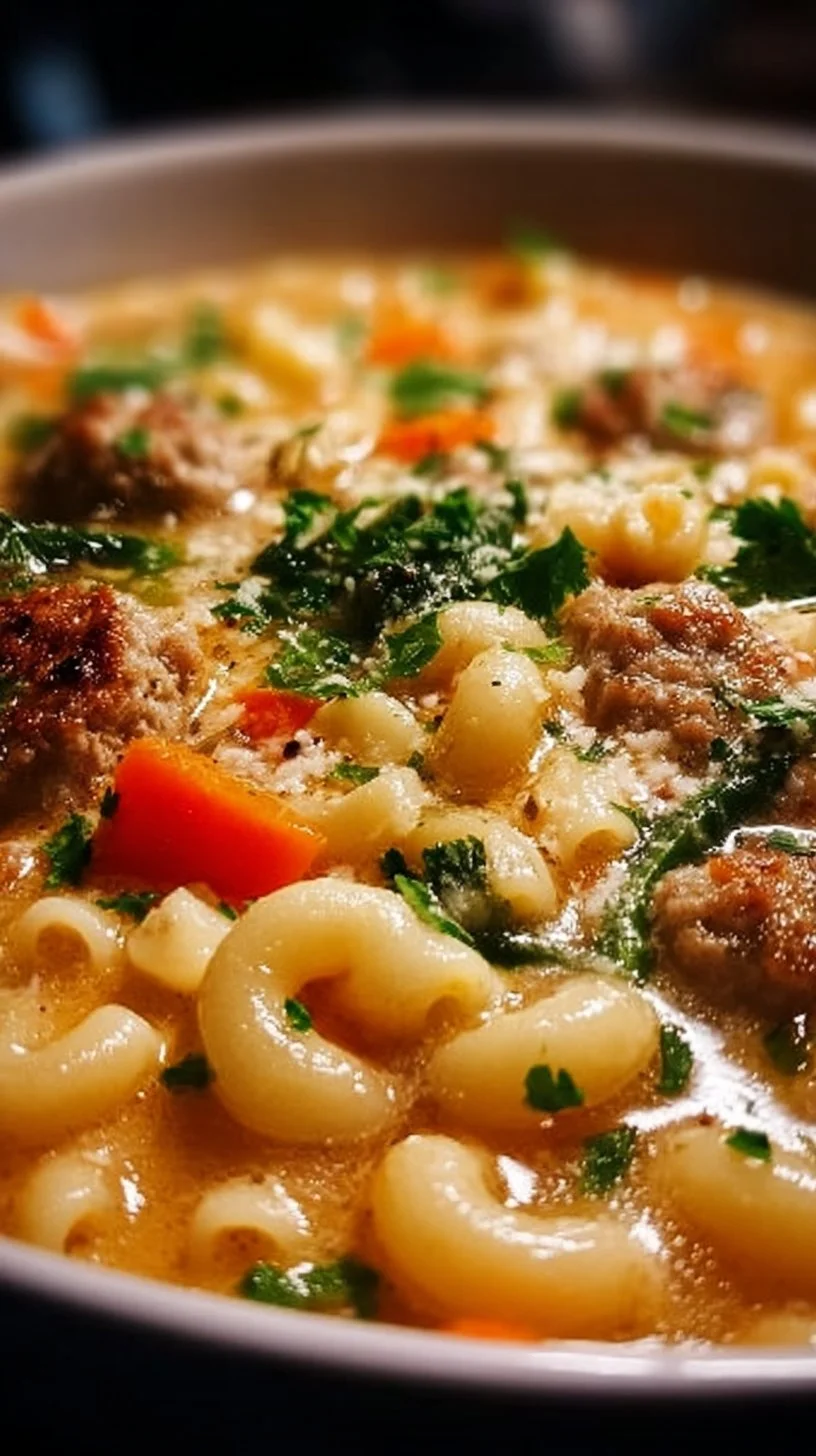 Bowl of hearty Ditalini pasta and sausage soup topped with herbs