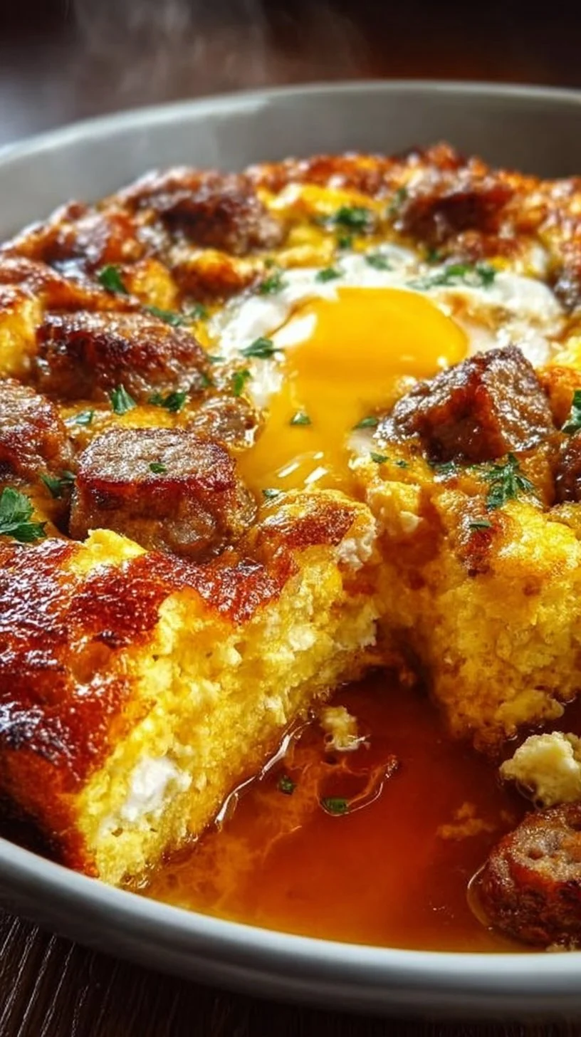Hearty sausage casserole topped with flavorful egg mixture in a baking dish