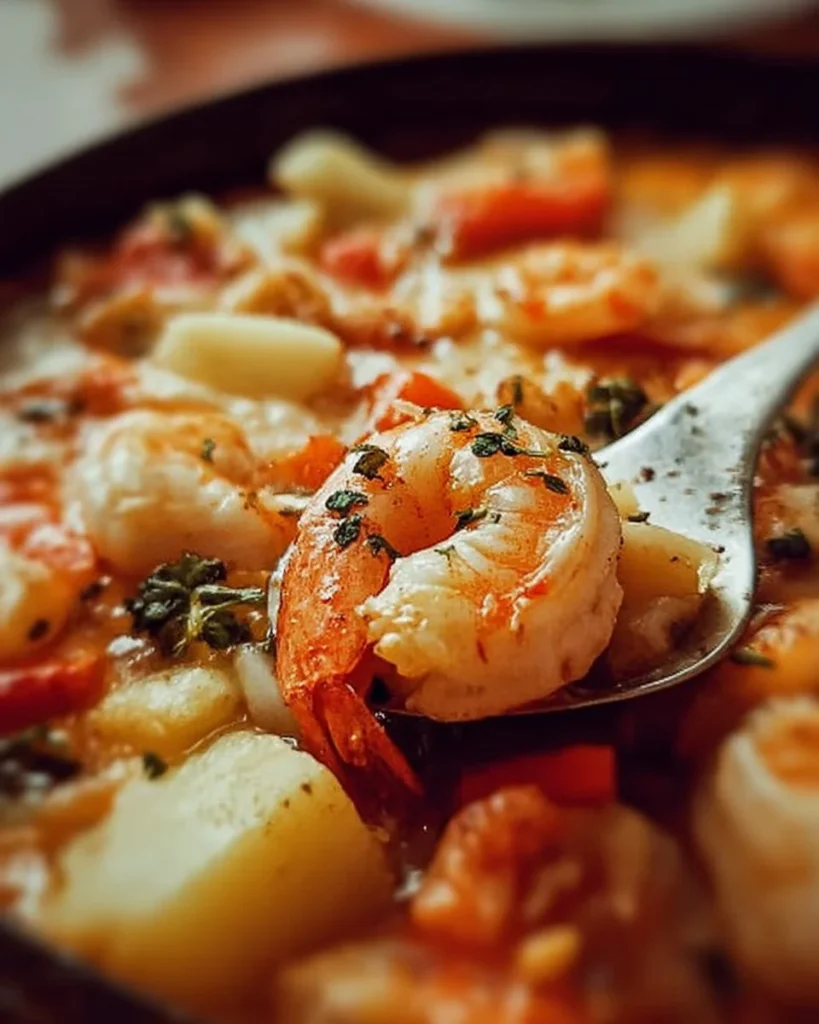Hearty seafood casserole with shrimp, crab, and vegetables baked in a creamy sauce