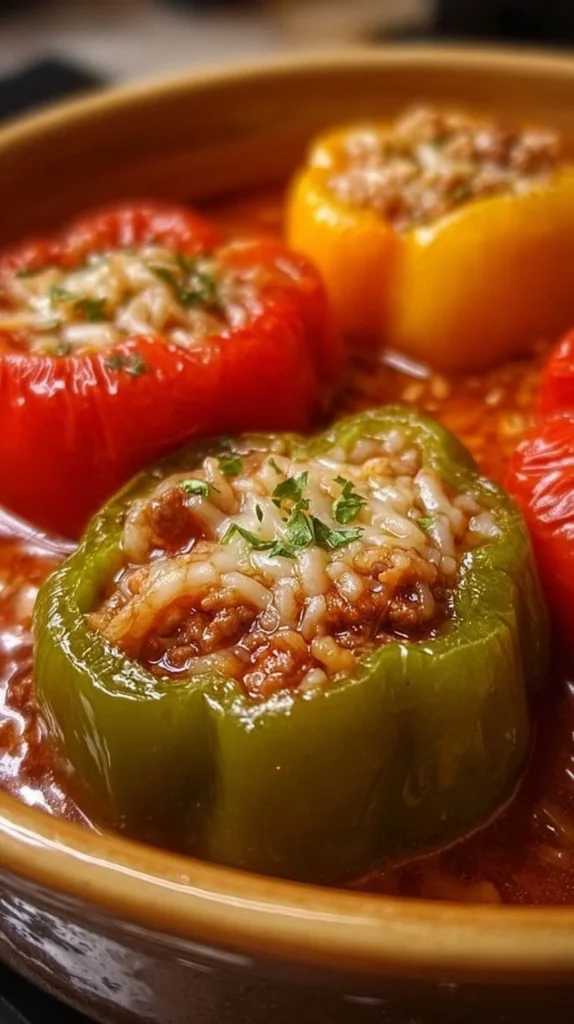 Delicious stuffed bell peppers filled with savory ingredients and served in a bowl.