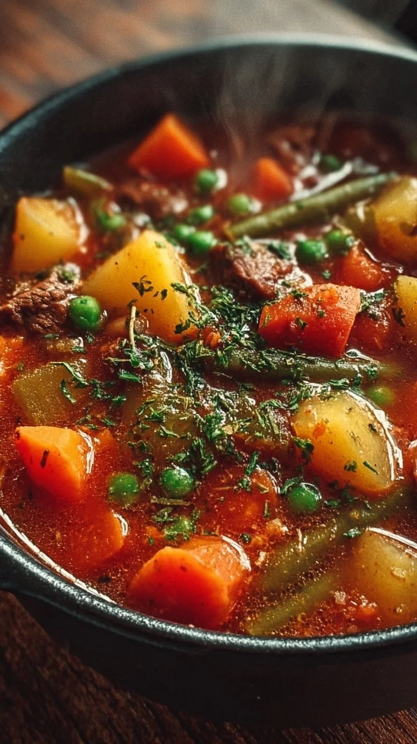 Bowl of hearty vegetable beef soup with colorful vegetables and tender beef