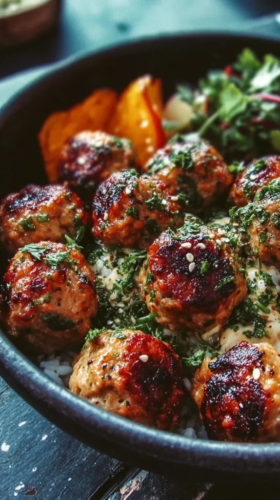 Herby Chicken Meatball Bowl with juicy chicken meatballs and colorful vegetables