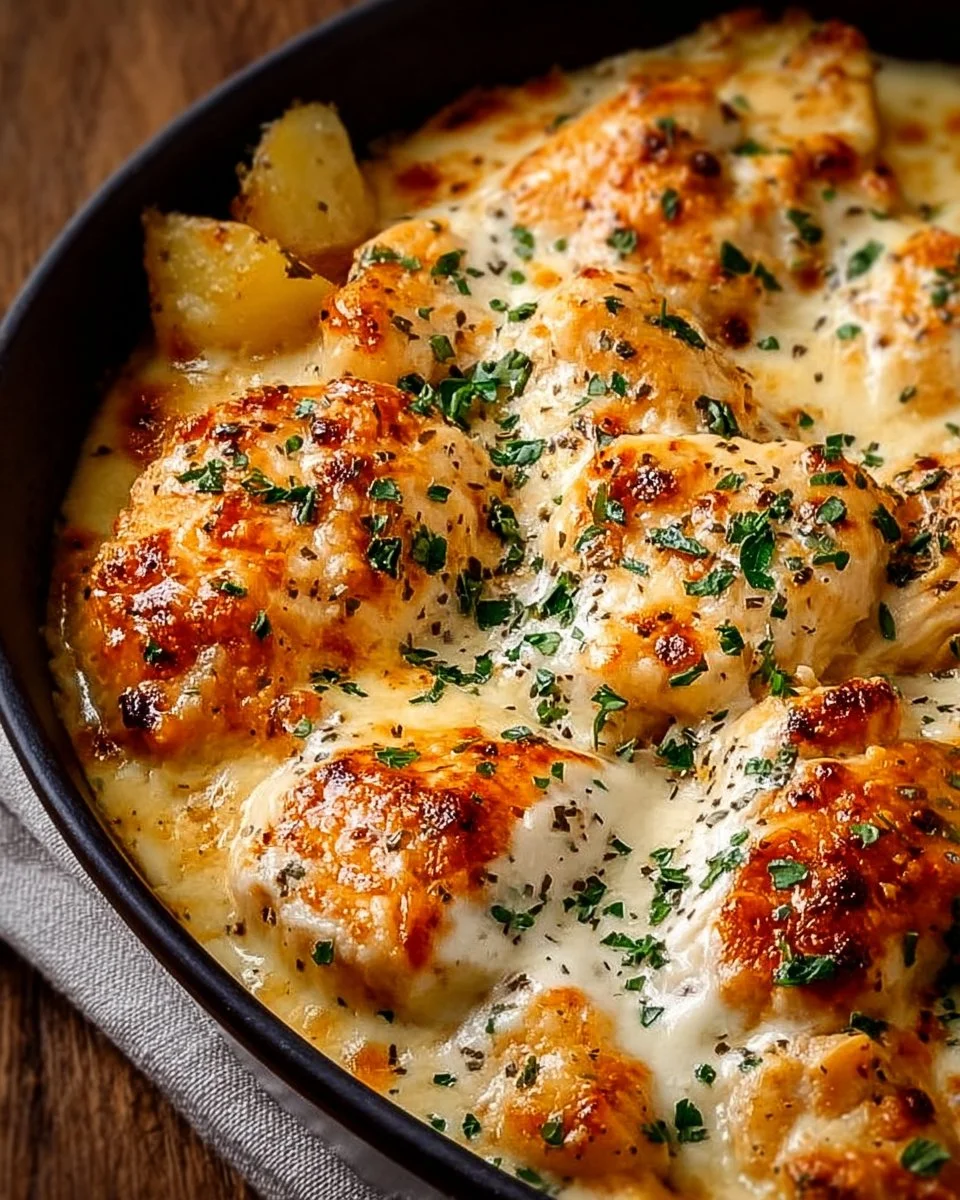 Creamy garlic cheesy chicken with roasted potatoes in a delicious dish