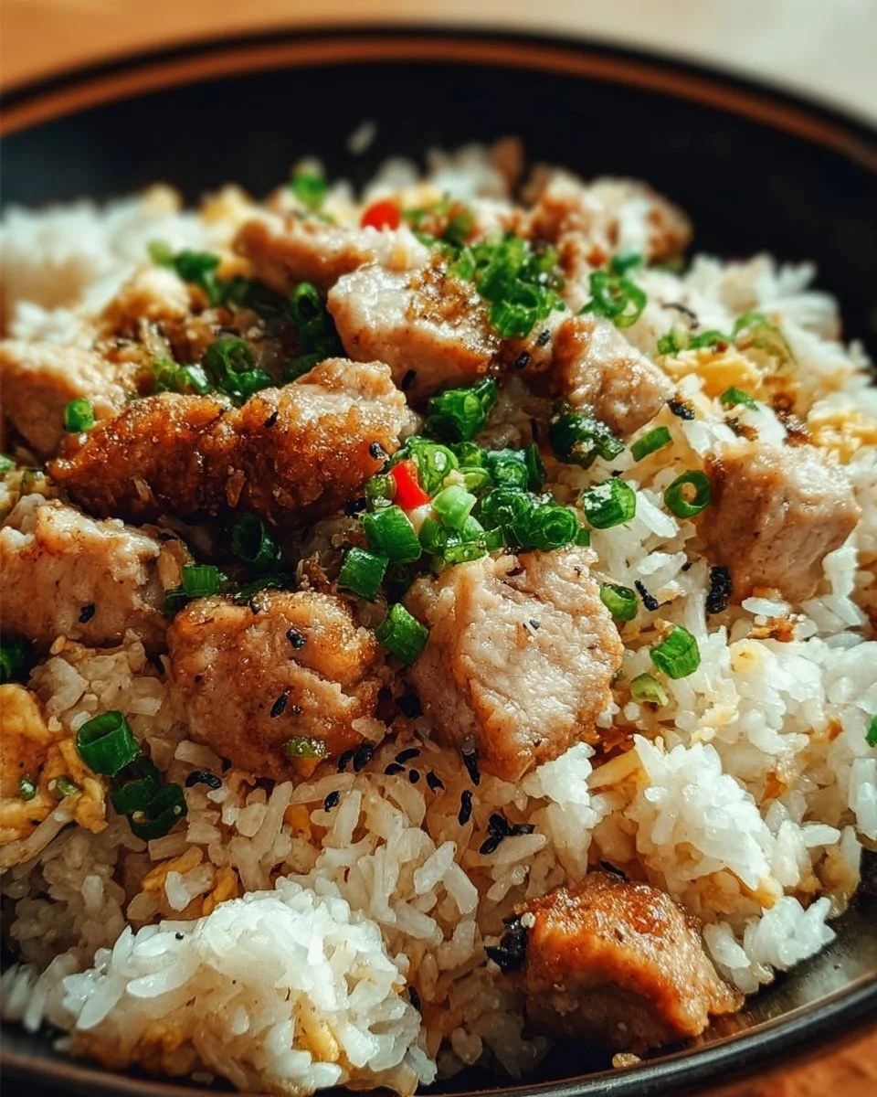 Plate of high-protein garlic chicken rice garnished with vegetables