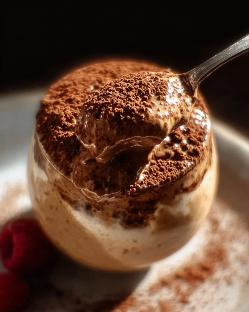 High protein tiramisu overnight oats in a glass with cocoa and coffee toppings