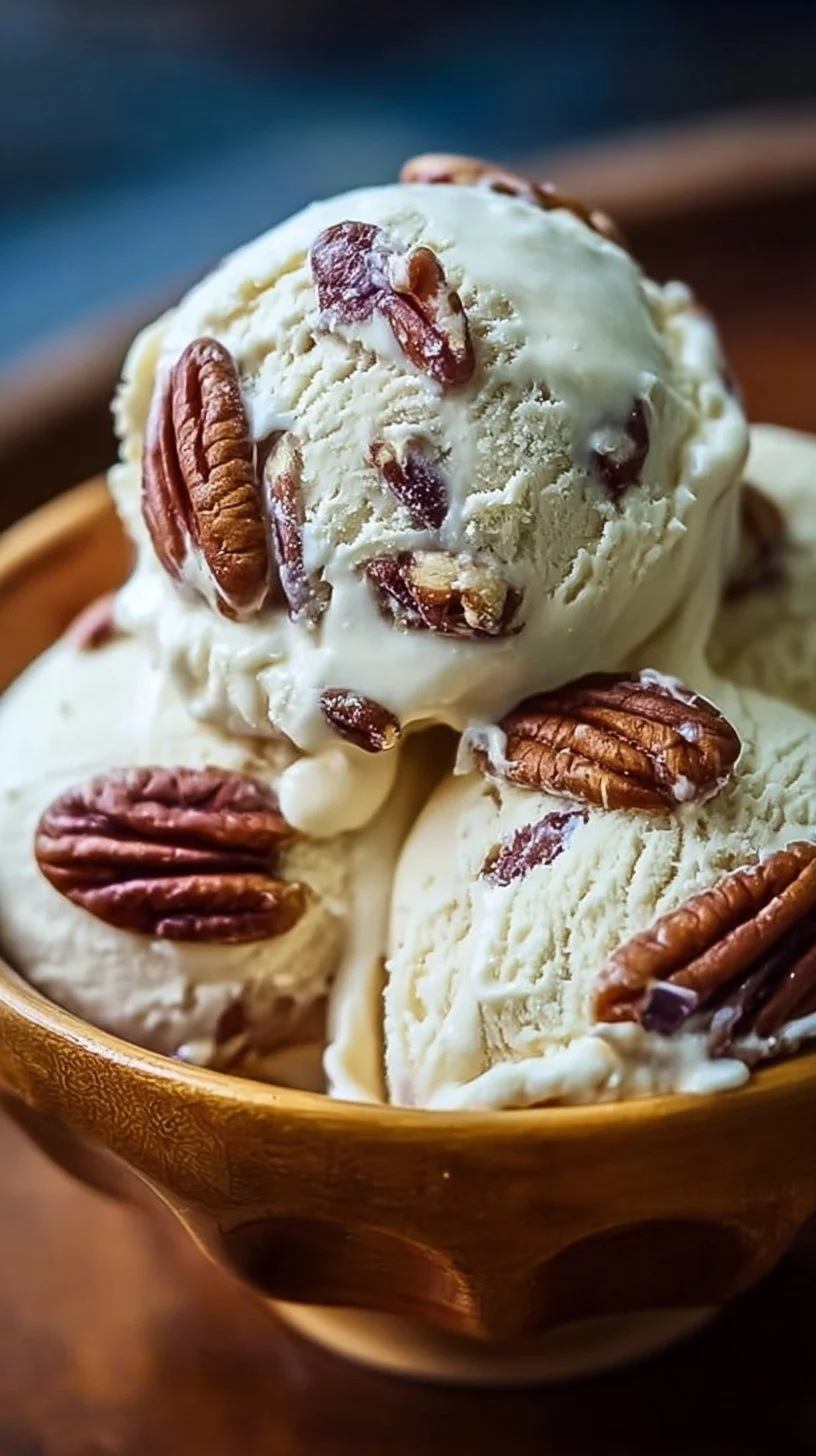 Delicious homemade butter pecan ice cream in a bowl with pecans on top.