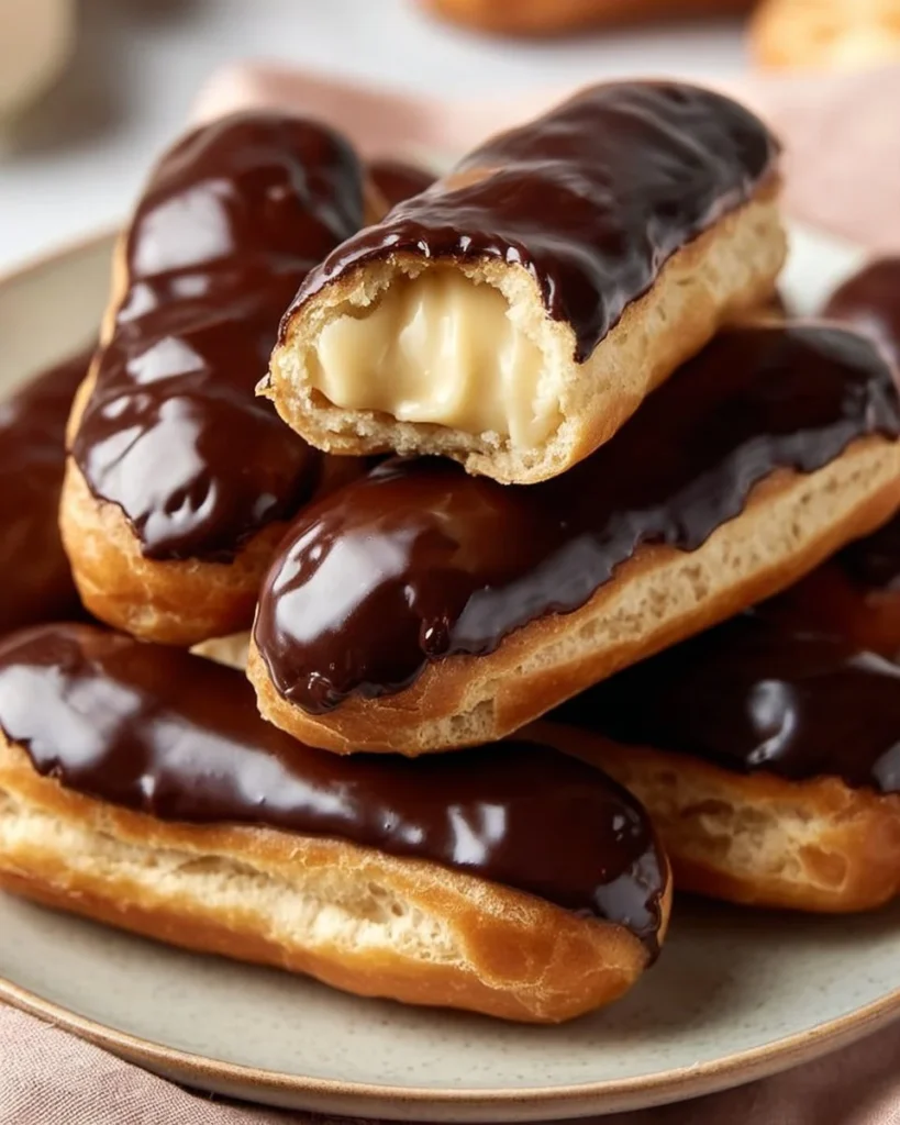 Homemade eclairs filled with rich pastry cream on a decorative plate