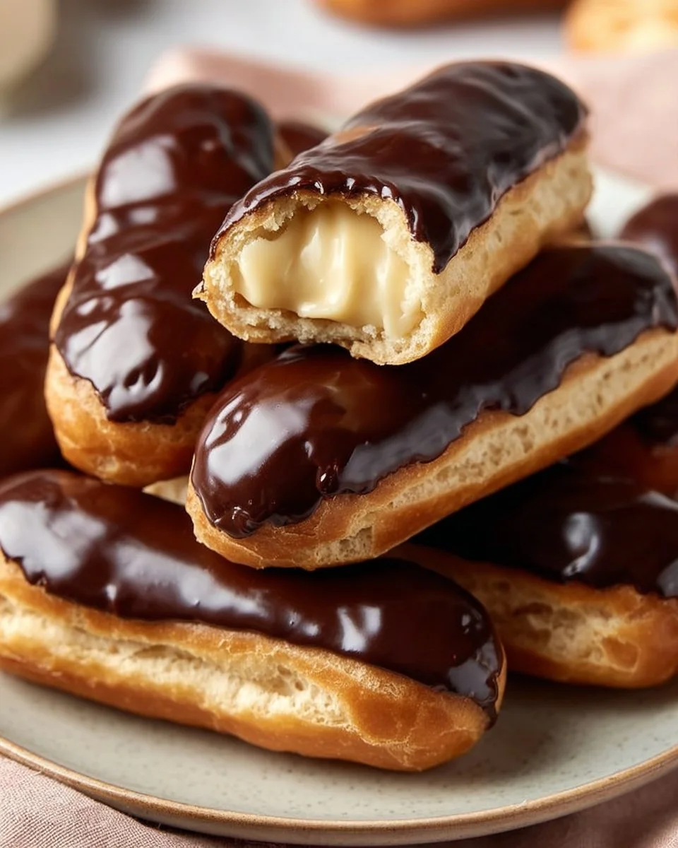 Homemade eclairs filled with rich pastry cream on a decorative plate