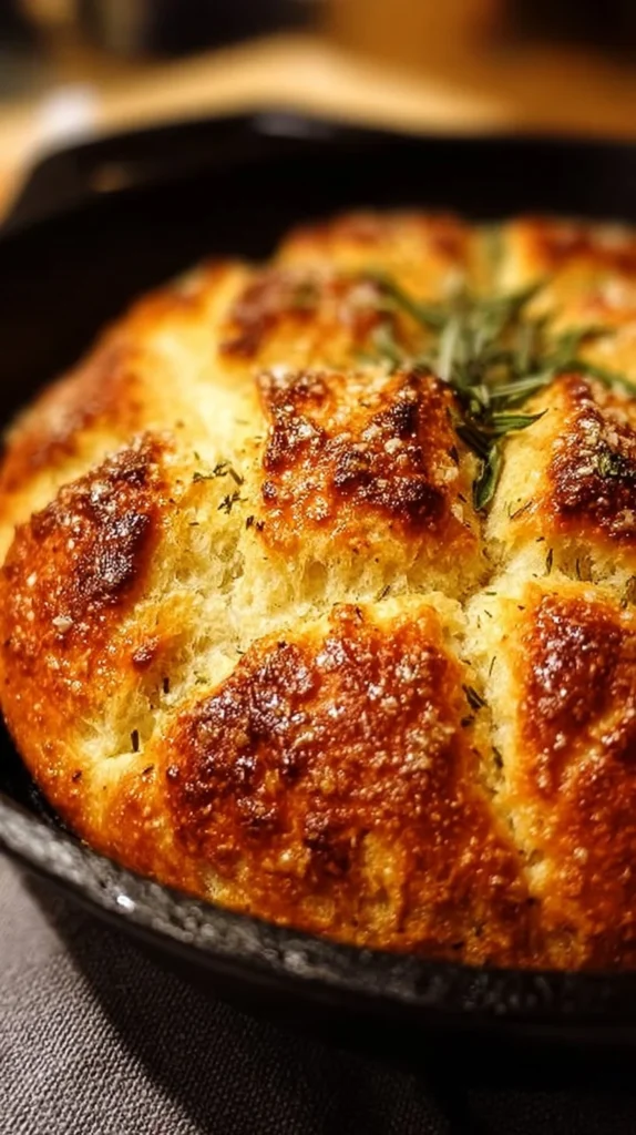Homemade skillet bread fresh out of the oven, golden and crusty.
