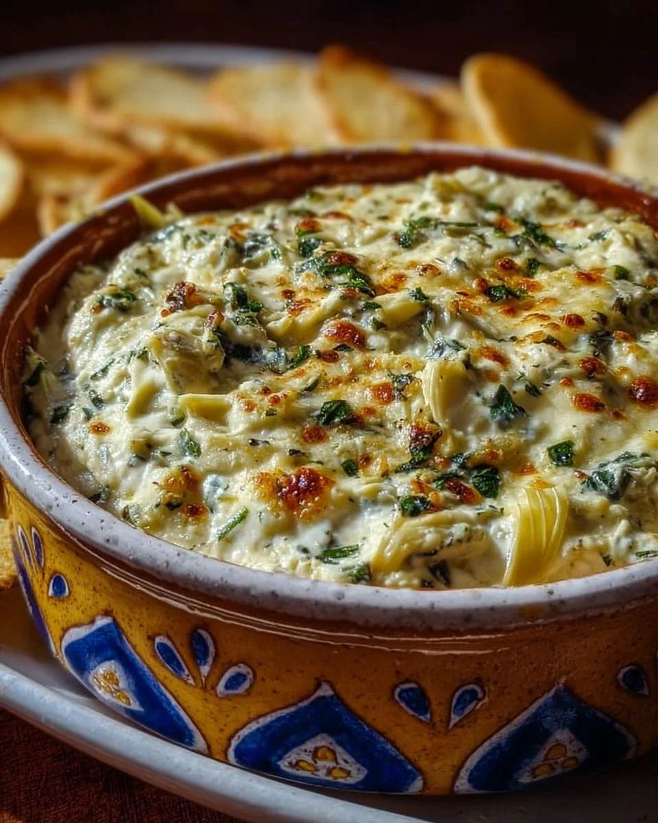 Creamy homemade spinach artichoke dip served in a bowl with fresh veggies.