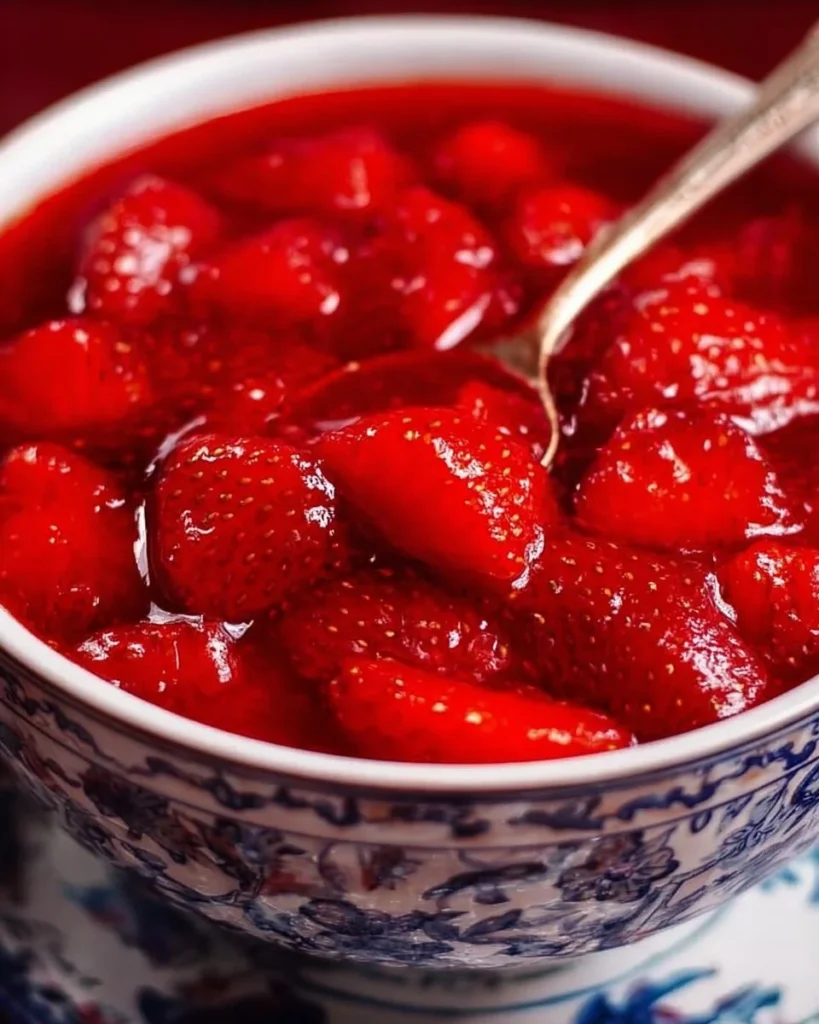 Homemade strawberry sauce drizzled over desserts and pancakes