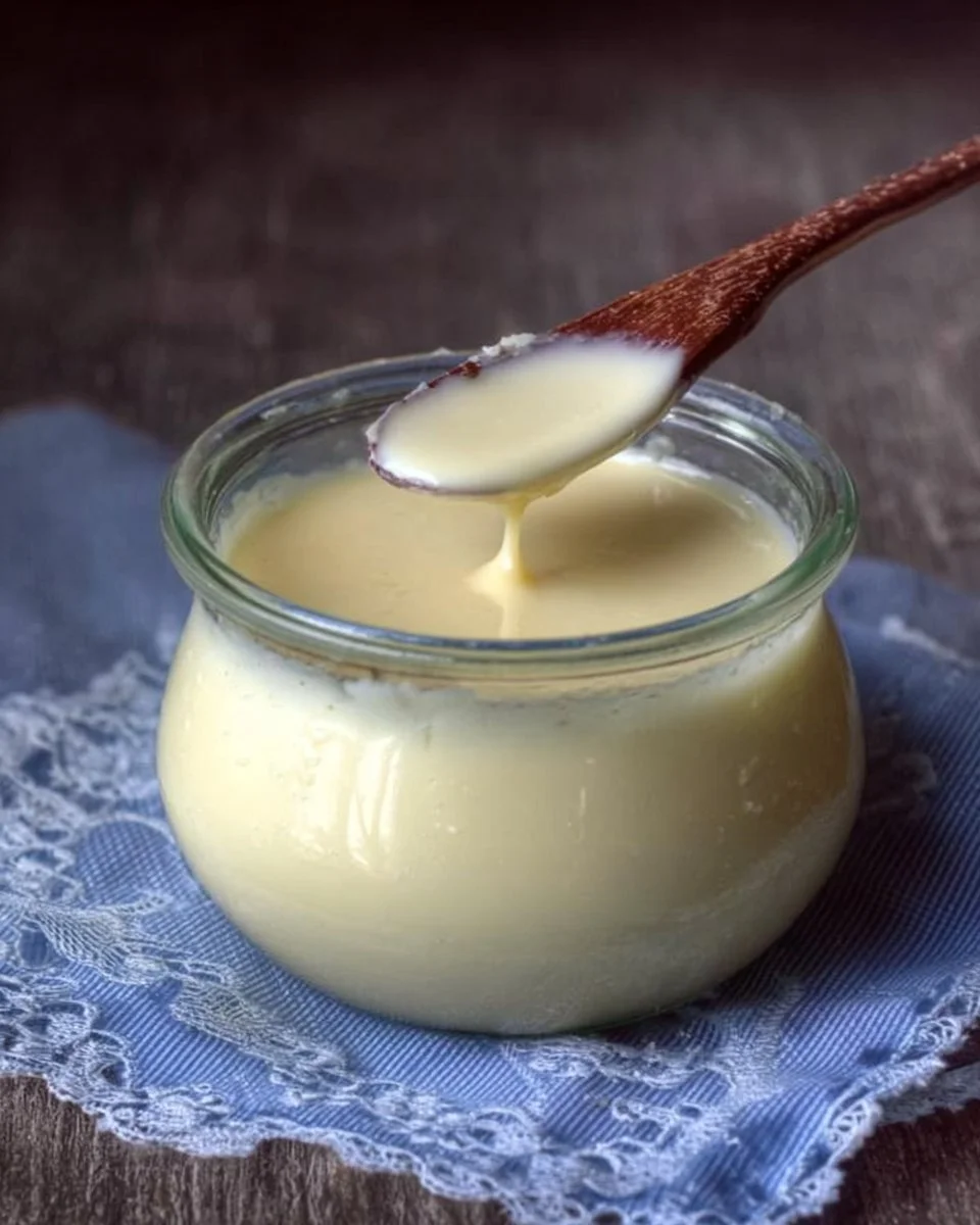 Homemade sweetened condensed milk in a jar on a kitchen counter.