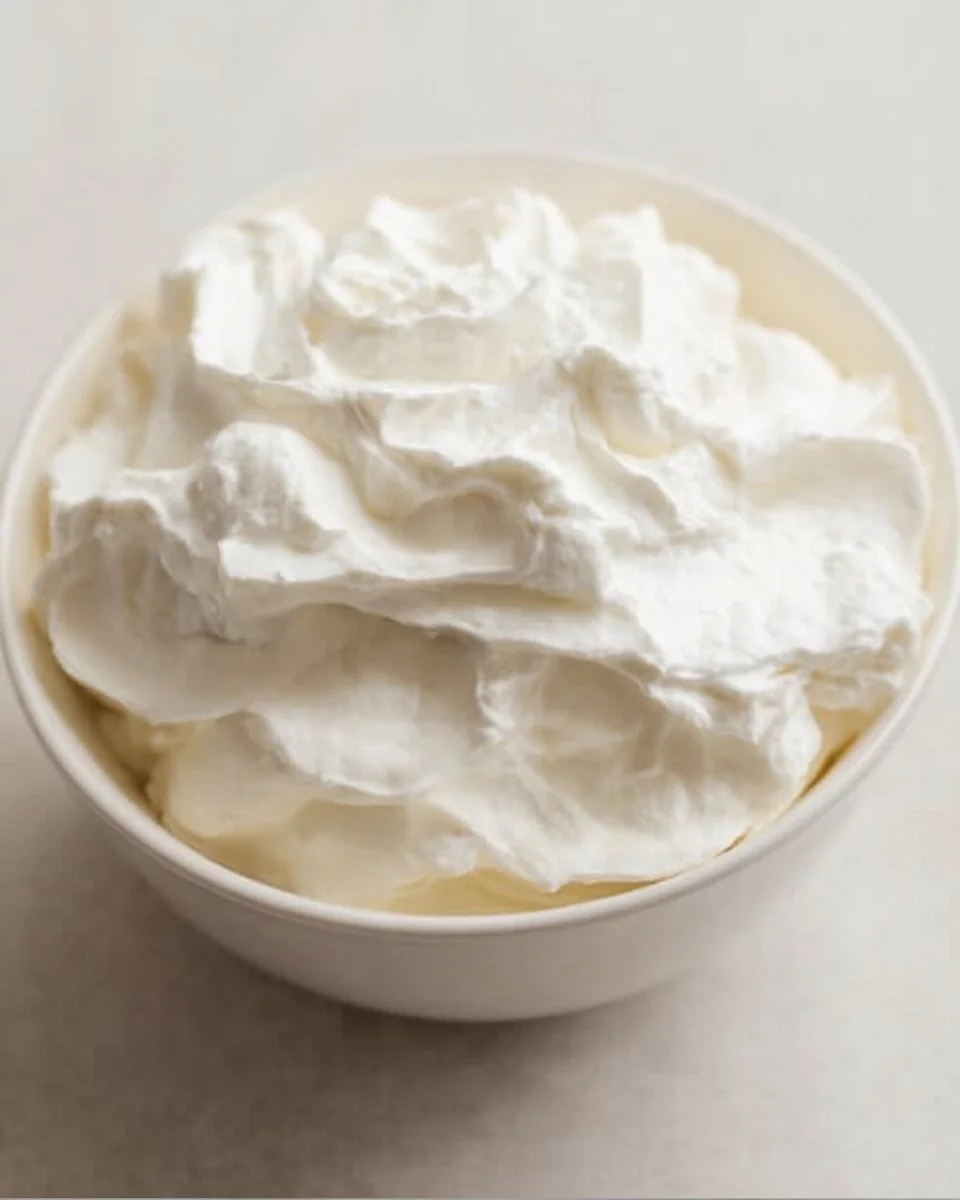 A bowl of fluffy homemade whipped cream ready to top desserts