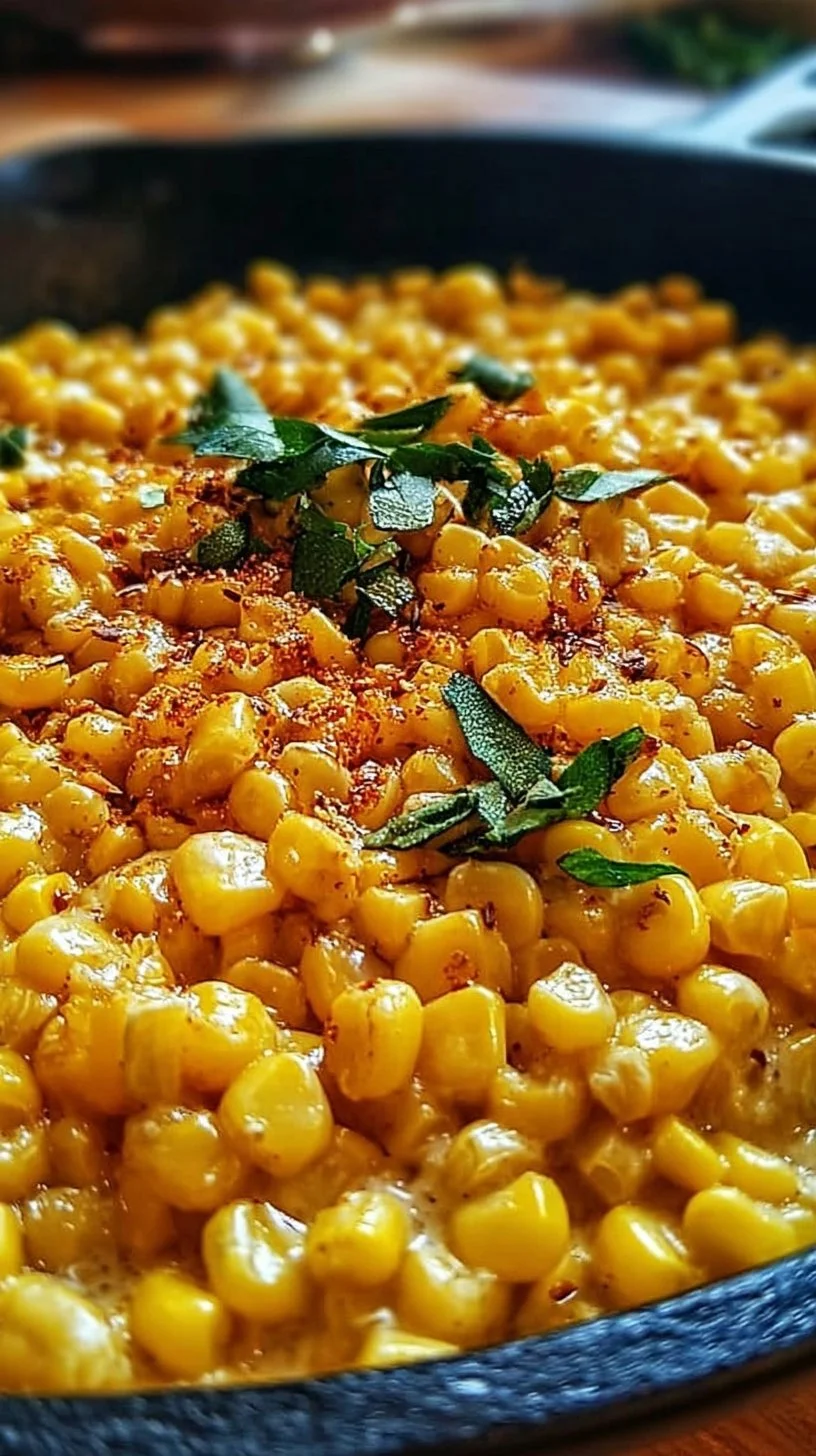 Colorful dish of Honey Butter Skillet Corn in a cast iron skillet