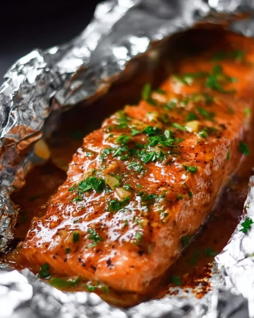 Foil-baked Honey Garlic Salmon garnished with herbs on a serving plate