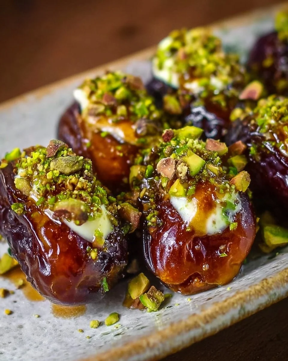 Honey pistachio ricotta stuffed dates served on a plate