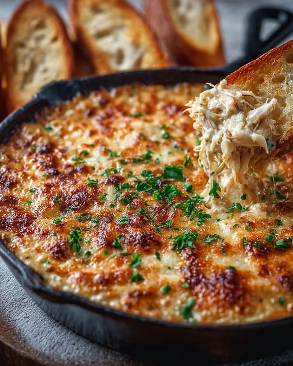 Hot, cheesy crab dip served with tortilla chips and garnished with herbs