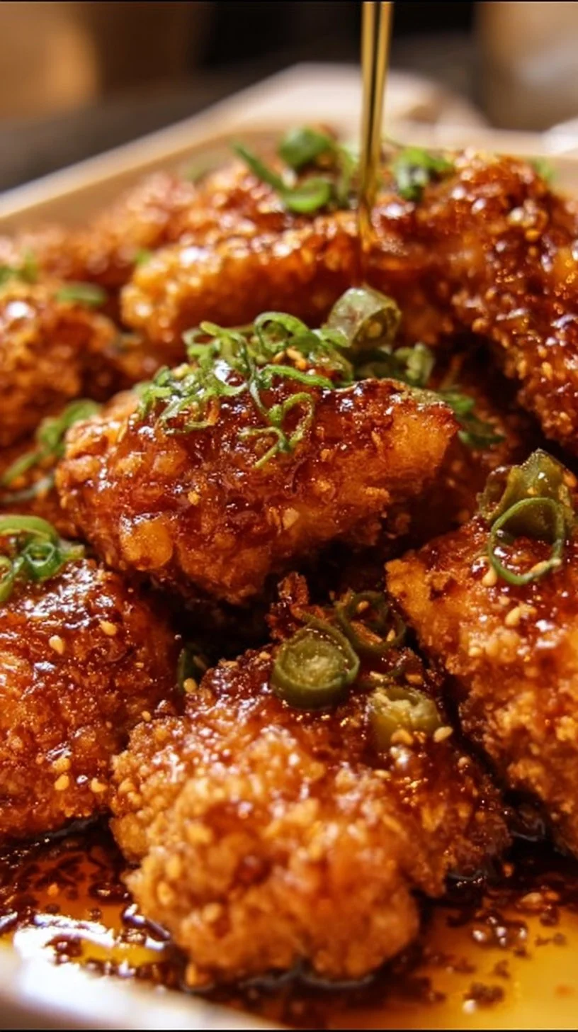 Delicious hot honey chicken garnished with chili flakes and drizzled with honey