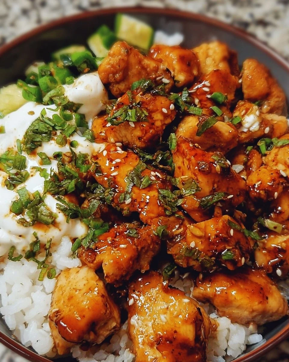 Delicious Hot Honey Chicken Bowl topped with vibrant vegetables and drizzled in hot honey.